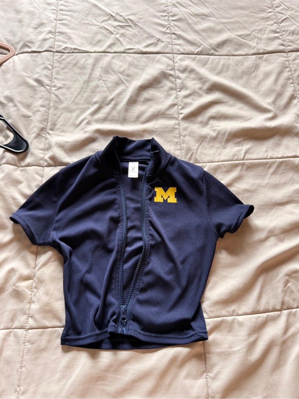 Navy Athletic Zip-Front Top with Yellow 'M' Logo